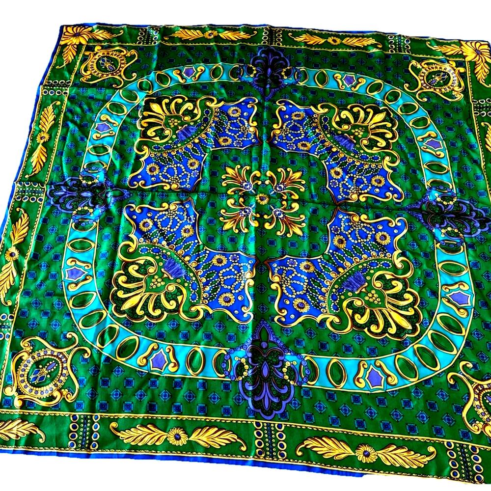Italian scarf Baroque Medallion Square quite luxury Equestrian Green Gold 34”